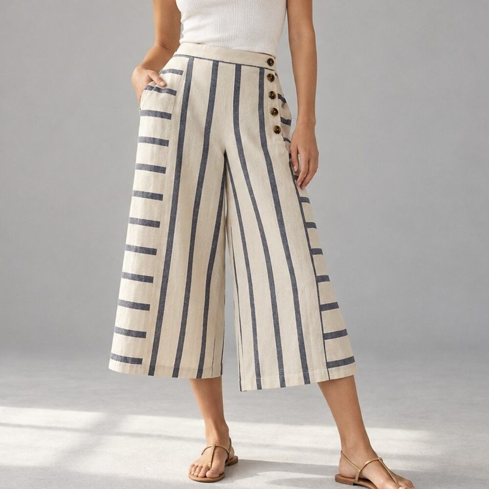 Maeve Anthropologie Striped Sailor Culotte Wide Leg Pants Cream Blue Size 10